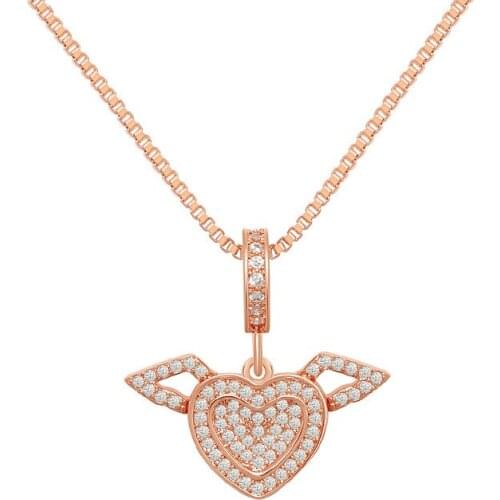 Luxury Jewelry Heart Necklace Rose Gold Rhinestone Crystal Heart Wing Angel Pendant Necklace For Sweet Love
