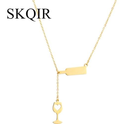 SKQIR 2017 Fashion Womens Wine Pendant Necklaces Gold Chain Stainless Steel Necklace Female Unique Design Beer Wine Jewelry