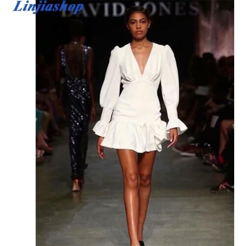 Vintage white mini dress women v neck linen elegant long sleeve holiday summer party dress female new arrivals 2020