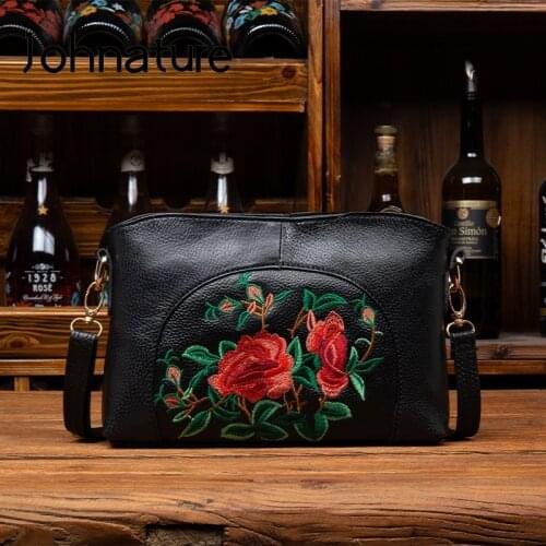 Johnature Women Genuine Leather Bag 2021 New Chinese Style Embroidered Vintage First Layer Cowhide Shoulder & Crossbody Bags