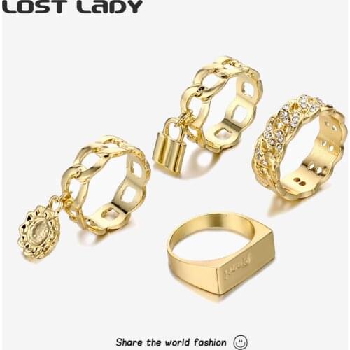Lost Lady Fashion Gold Color Alloy Hollow Rings Set For Women Rhinestone Letter Finger Rings Wholesale Accessories Party Gifts