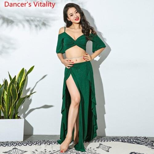 New Women Belly Dance Practice Clothing Modal Split Lotus Leaf Long Skirt+Sexy Deep V Collar Top Dance Suit