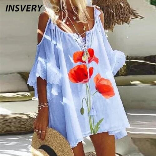 Elegant Women Plus size Dresses Floral Printed Party Dress Women Off Shoulder Short Sleeve Loose Dress Boho Casual Beach Dress