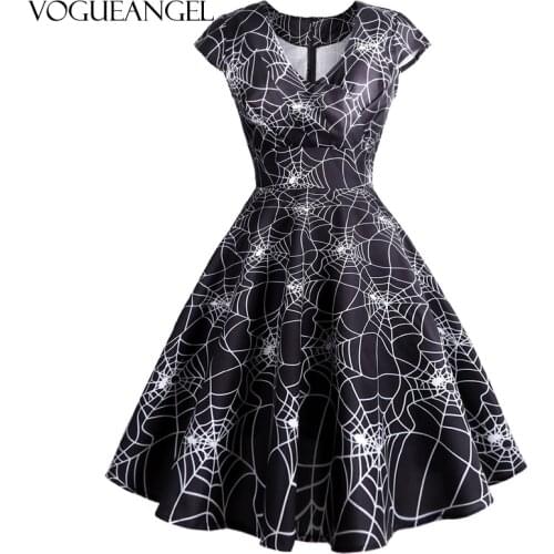 Halloween Spider Web Printed Summer Vintage Cotton Dress Slim Vestidos Mujer Women Elegant Party Dresses Vestidos De Fiesta