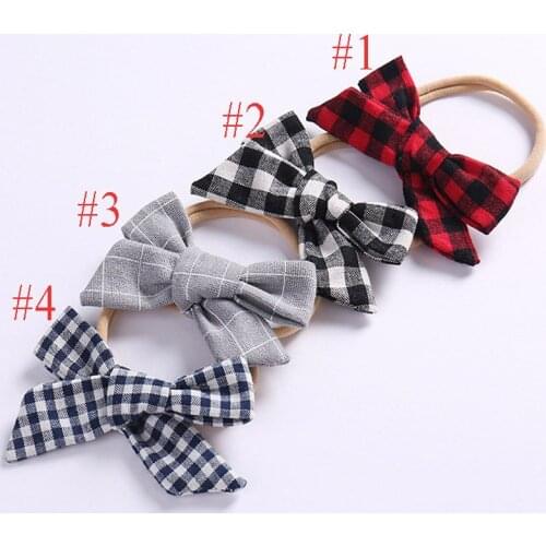 24Pcs/lot Plaid Hair Bow Headband With Nylon Headband Girls Handmade Bowknot Headband Hot-sale Elastic Kids DIY Hair Accessories