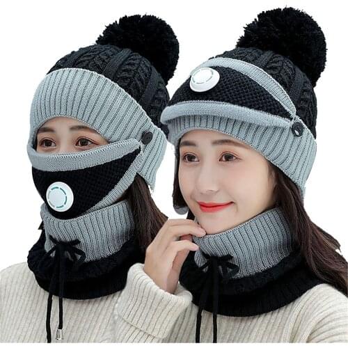 40# 3PCS Womens Winter Scarf Set Thickend Knitted Hat Warm Hats Scarf Face Cover Outdoor Winter Clothes Accessories Droshippingp