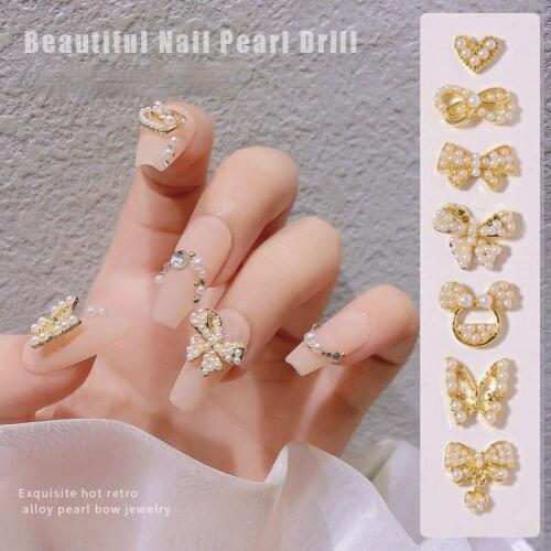 5pcs/lot New nail pearl alloy jewelry Japanese bow nail polish diamond net Red Bow Pendant nail jewelry