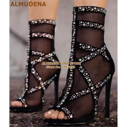 ALMUDENA Bling Bling Crystal Black Mesh Ankle Boots High Heel Cross Strappy Glitter Rhinestone Dress Pumps Open Toe Caged Shoes
