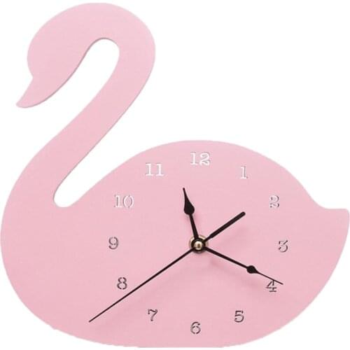 Wood Silent Wall Clock Pink Swan Pattern Girl Room Decoration Ornaments Nordic Style Children Room Nursery Living Room Decor