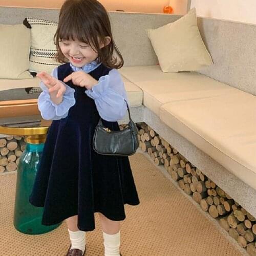 DFXD Children Clothes Autumn Girls Clothing Sets Fashion Blue Mesh Blouse Shirt+Gold Velvet Vest Dress 2PC Kids Party Set 2-7Y