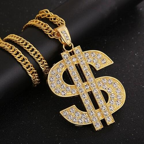 Hip Hop Crystals Gold Dollar BE RICH Pendant Fashion Link Chain Gift Necklace for Men And Women