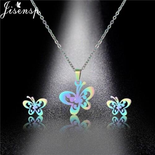 Jisensp Cute Colorful Butterfly Pendant Necklace Earrings Stainless Steel Jewelry Set Punk Fashion Jewelry for Women Best Gift