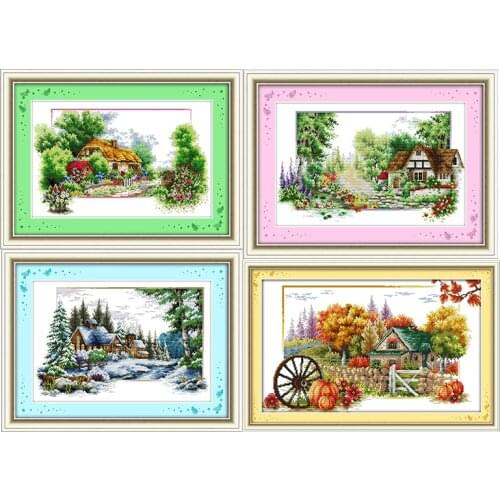 Joy Sunday The Four Season Painting Floral 11CT 14CT Needlework Set Embroidery Printed Cross Stitch Kit on Canvas for LivingRoom