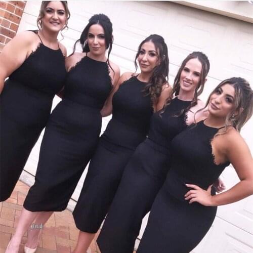 Sheath Short Satin Black Bridesmaid Dresses Halter Knee Length Zipper Back Lace Formal Wedding Party Gowns