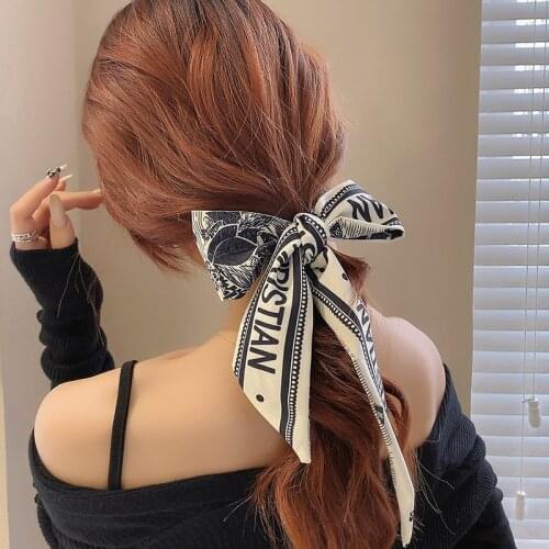 Fashion Letter Hair Ribbon Women Hair Scarf French Elegant Long hair band Girls Printing Bow Scarves Bandana Bag Accessories