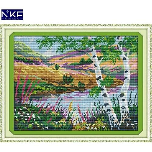 NKF The Lakeside Poplar Stamped Cross Stitch DIY Kits Needlework Embroidery Set Chinese Cross Stitch for Home Decor