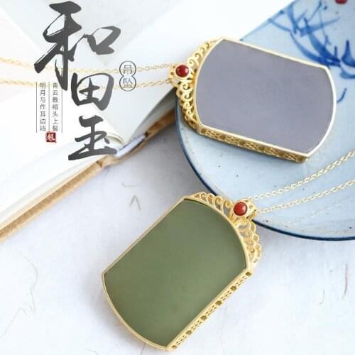 New silver inlaid natural Hetian jade Square Pendant Necklace Chinese style retro minority design charm womens brand jewelry