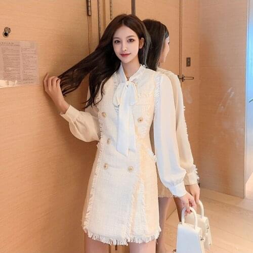 2021 Autumn New Tweed Tank Mini Dress Suits for Women Long-sleeved Chiffon Shirt Blouse Small fragrance Vest Dress 2 Piece Sets