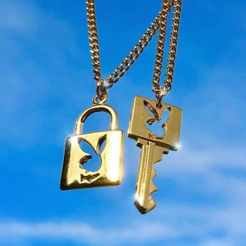 Lock key bunny pendant necklace for women egirl stainless steel harajuku cute matching necklace for couple cool jewelry