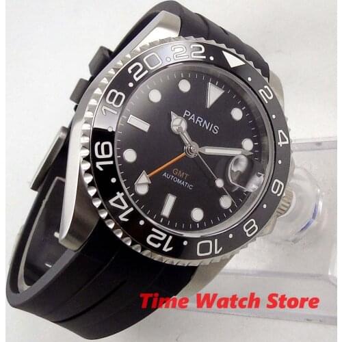 Parnis 40mm GMT 3804 Automatic mens watch sapphire glass Luminous waterproof black dial rubber strap ceramic bezel