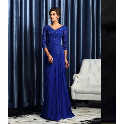 Royal Blue Mother Of The Bride Dresses A-line V-neck 3/4 Sleeves Chiffon Appliques Beaded Long Groom Mother Dresses For Weddings