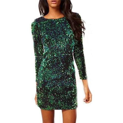 Long Sleeve Green Dress Sexy Sequins Elegant O Neck Golden Dresses Spring Zipper Backless Wrap Hip Black Red Vestidsos Mujer
