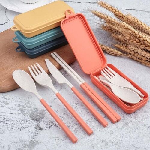 Portable Wheat Straw Fork Cutlery Set Foldable Folding Chopsticks Cutlery Set With Box Picnic Camping Travel Tableware Set