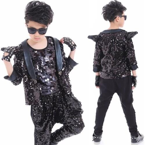 Hip Hop Dance Costumes Kids Sequined Black Jacket Hiphop Pants Boys Jazz Street Dancing Clothes Child Modern Stage Wear DQS2790