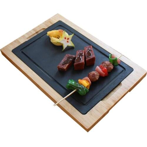 Wire Drawing Bamboo and Stone Steak Plate Black Rock Grill Steak Sizzling Hot Stone Set