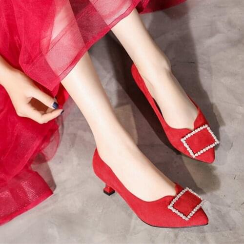 Red wedding shoes flock pointy toe cat heels shoes diamond square buckle slip on lazy pumps shoes shallow simple women stilettos