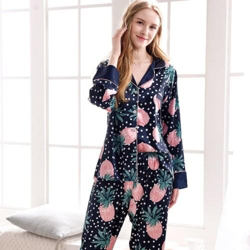 Xifenni Pajamas Faux Silk Sleepwear Women Satin SILK Pineapple Printed Pyjama Sets Female Casual Simple Home Clothing 1733