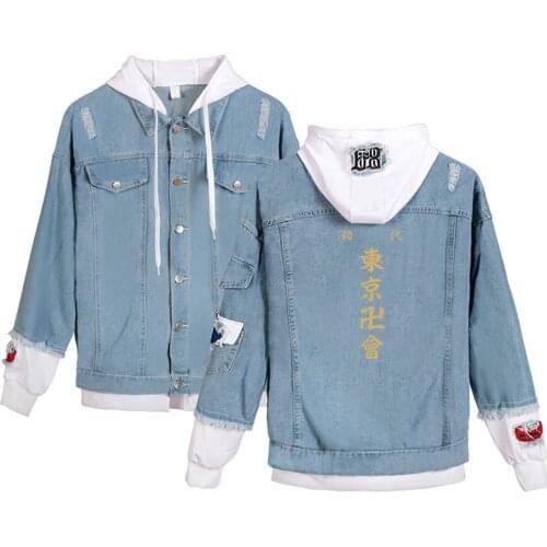Japan Anime Tokyo Revengers Denim Jacket Sweatshirts Fashion Men Women Long Sleeve Fake Two Pieces Jean-Jackets Harajuku Hoodies