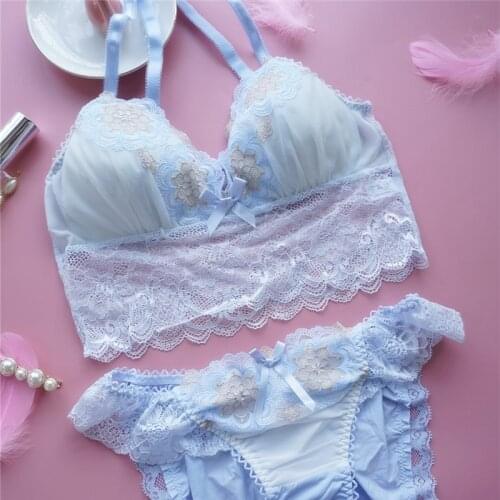 Japanese Sweet Cute Lounge Underwear Sexy Floral Lingerie Lace Bra and Panty Set Pink Blue Black Embroidery Briefs Panties 2021