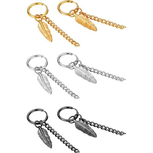 BONISKISS New Trendy Tassel Chain Feather Womens Hoop Earrings Mens Bijoux Gold Stainless Steel Jewelry Aros Mujer Oreja