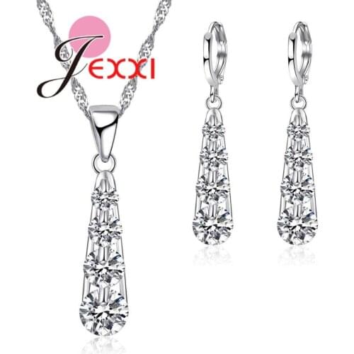 Dazzling Clear Water Drop Crystal Jewelry Sets for Women Wedding Engagement Best gift 925 Sterling Silver Necklace Earring