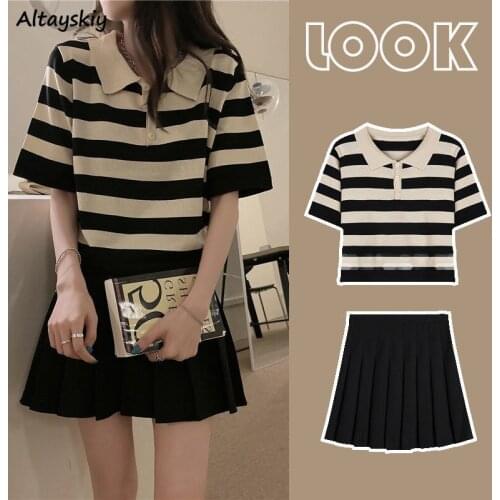 Sets Women Striped Turn-down Collar T-shirts Mini Skirts All-match Korean Style Summer Basic Popular Preppy 2 Pieces New Casual