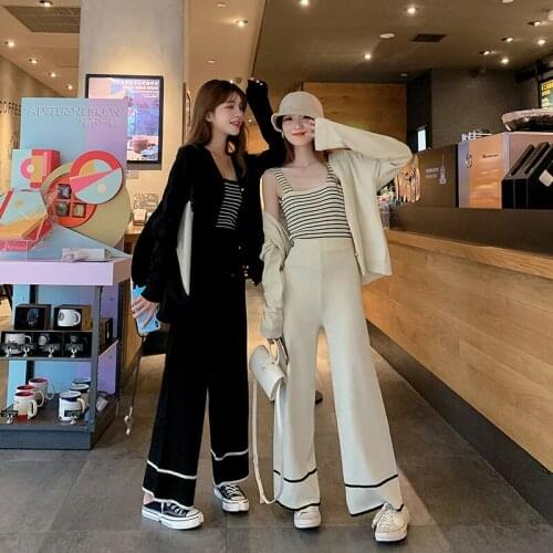 Women 2021 Summer New Knitted 3 Pieces Set Female Sweater Tracksuits Casual Cardigan Wide Leg Pants + Striped Tank Top Sets V213