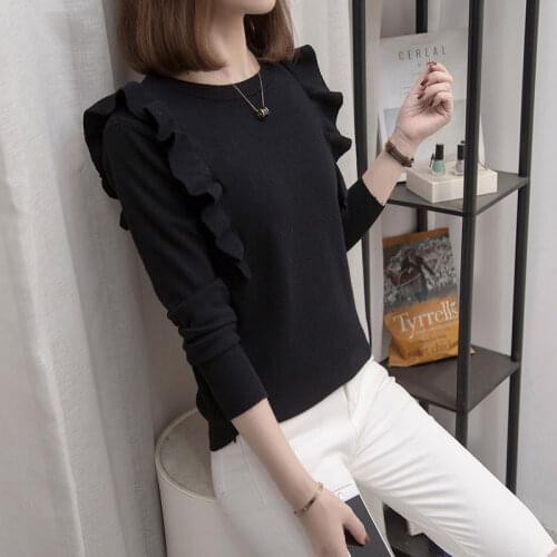 Fashion Ruffled Plus Size Ladies Pullover Sweater Fall 2021 New Black White Round Neck Knit Tops Women Loose Sweater Trend e163
