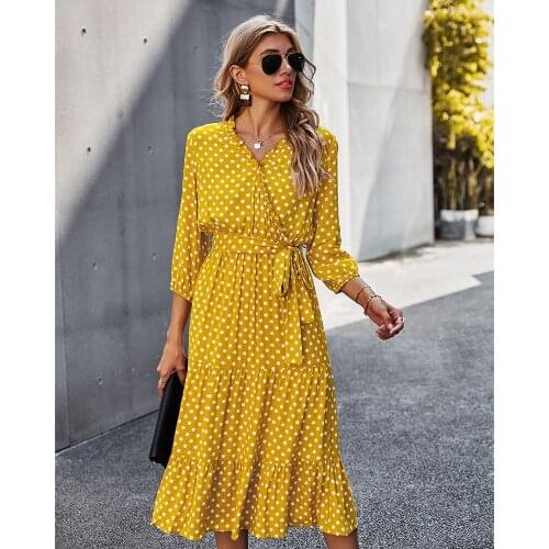 New Womens 2021 Spring And Summer Burst Classic Dress Female Long Sleeve Fashion Maxi Size Wave Point Print Dresses