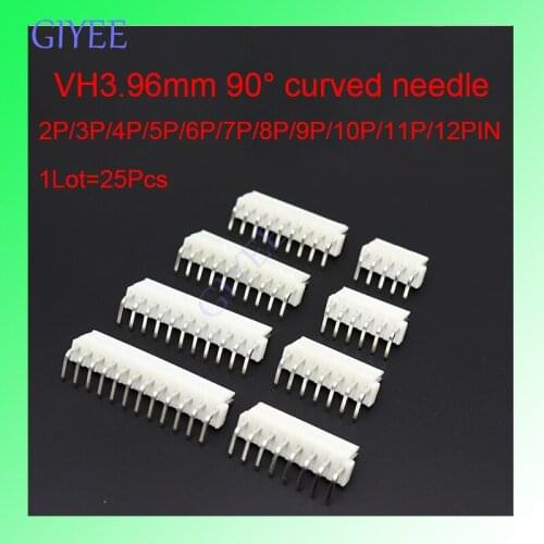 25PCS/LOT VH3.96 curved needle 3.96 Right Angle 90 Degree pin Header 2P/3P/4P/5P/6P/7P/8P/9P/10P/11P/12PIN Connector 3.96mm
