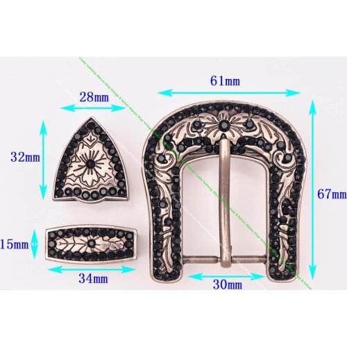 Bling Retro Silver Western Cowboy Rodeo 3PCS Set Floral Carved Replacement Black Rhinestone Crystal Belt Buckle Fit 30mm Strap