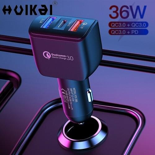 36W PD USB C Car Charger QC3.0 QC4.0 Dual USB Type C Phone Charger Adapter 3.1A Fast Charging For iPhone12 Xiaomi Huawei Samsung