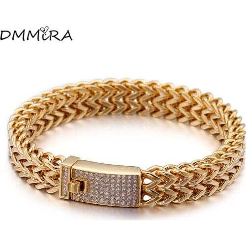 Fashion Men Color Gold Wide Chain Crystal Bracelet Stainless Steel Square Smooth Double Chain Zircon Bracelet Pulseras Jewelry