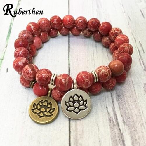 Ruberthen Red Regalite Lotus Charm Bracelet Natural Gem Stone Ohm Yoga Bracelet High Quality Women`s Practice Bracelet