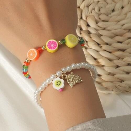 2 Pcs/Set Cute Polymer Clay Lemon Multicolor Crystal Handmade Beaded Bracelets For Women White Pearl Smiley Pendant Bracelet