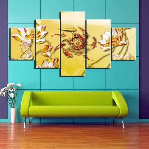 Home Decor Canvas Lotus Pictures Wall Art Carp Paintings Chinese Style Prints Golden Modern Modular Poster Living Room Framework