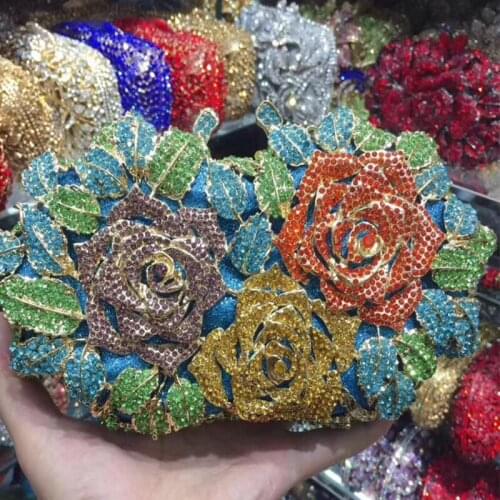 Purple/Red/Green/Yellow Rhinestone Women Clutches Bags Black Diamond Three Flowers Shoulder Chain Handbag Mini Phone Party Purse