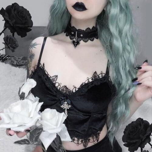 Goth Camis Women Dark Sexy Gothic Harajuku Velvet Black Sleeveless Tank Lace Trim Crop Tank Tops Streetwear