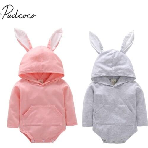 2020 Brand New 0-24M Newborn Infant Baby Boy Girl Easter Bodysuit Longsleeve Solid Color Bunny Ear Hooded Tail Jumpsuit Playsuit
