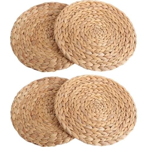 LBER 4Pc Natural Water Gourd Woven Placemat Round Woven Rattan Table Mat Water Gourd Placemat Round Pad Woven Green Tropical Wed